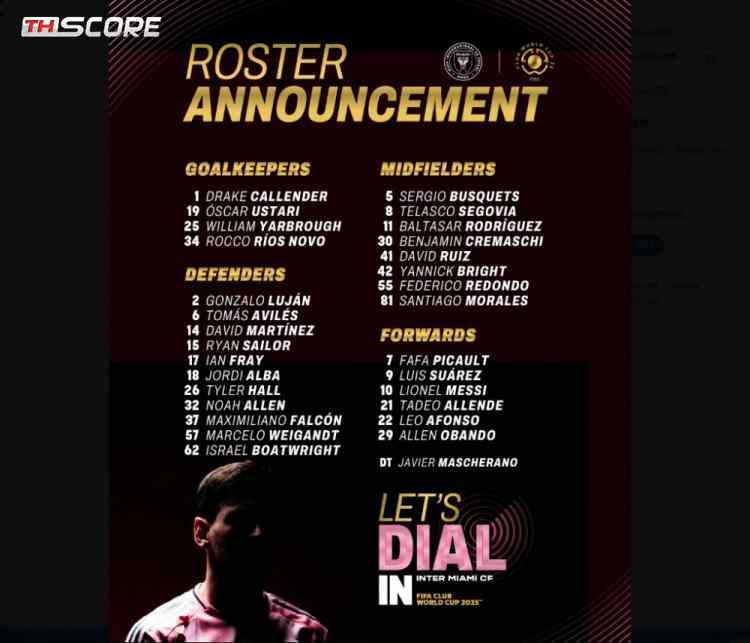 รายชื่อนักเตะอินเตอร์ไมอามี่สำหรับศึกสโมสรโลก: เมสซี่นำทัพ พร้อมซัวเรซและบุสเก็ตส์
