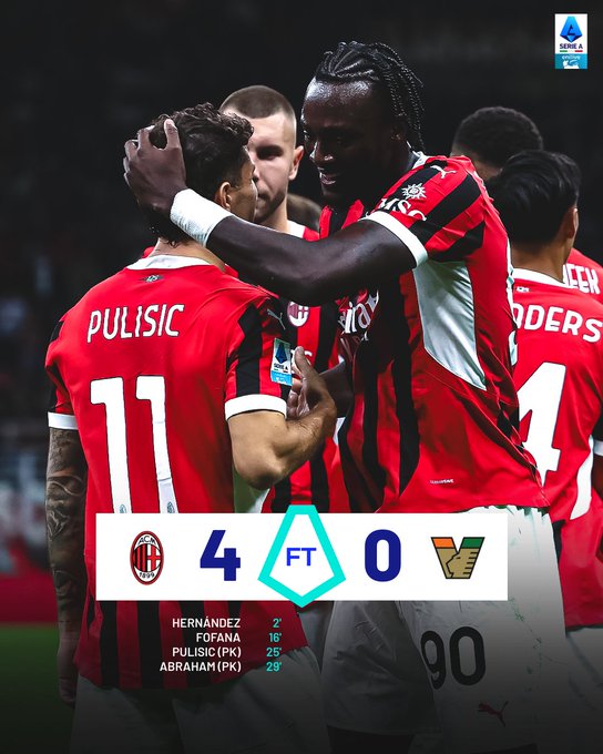 Kết quả VĐQG Ý: AC Milan 4-0 Venezia