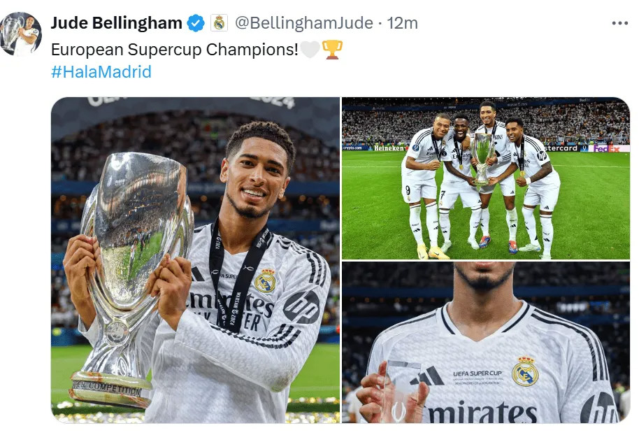 Bellingham đăng ảnh kèm dòng chữ: Giành Siêu cúp châu Âu !