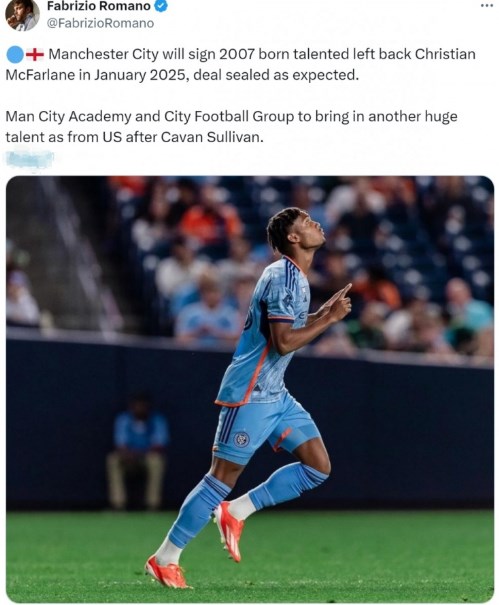 Romano: Manchester City sẽ ký hợp đồng với hậu vệ trái 17 tuổi McFarland của New York City vào tháng 1 năm sau