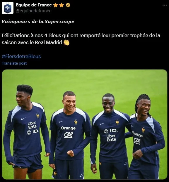 Tweet chính thức của đội tuyển Pháp: Chúc mừng 4 cầu thủ Pháp giành Siêu cúp châu Âu cùng Real Madrid