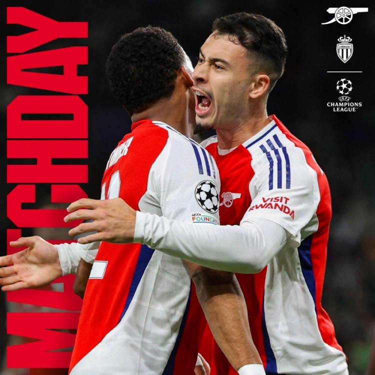 Áp phích Arsenal đối đầu Monaco tại Champions League: Martinelli và Timber ôm nhau ăn mừng