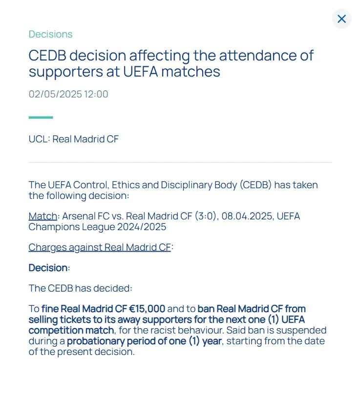 UEFA: Real Madrid bị phạt 15.000 euro vì hành vi phân biệt chủng tộc của CĐV trong trận làm khách trước Arsenal 