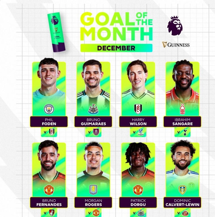 Danh sách bàn thắng đẹp nhất tháng 12 Ngoại hạng Anh: Bruno Fernandes, Foden, Doucoure, Rogers, Lewin góp mặt