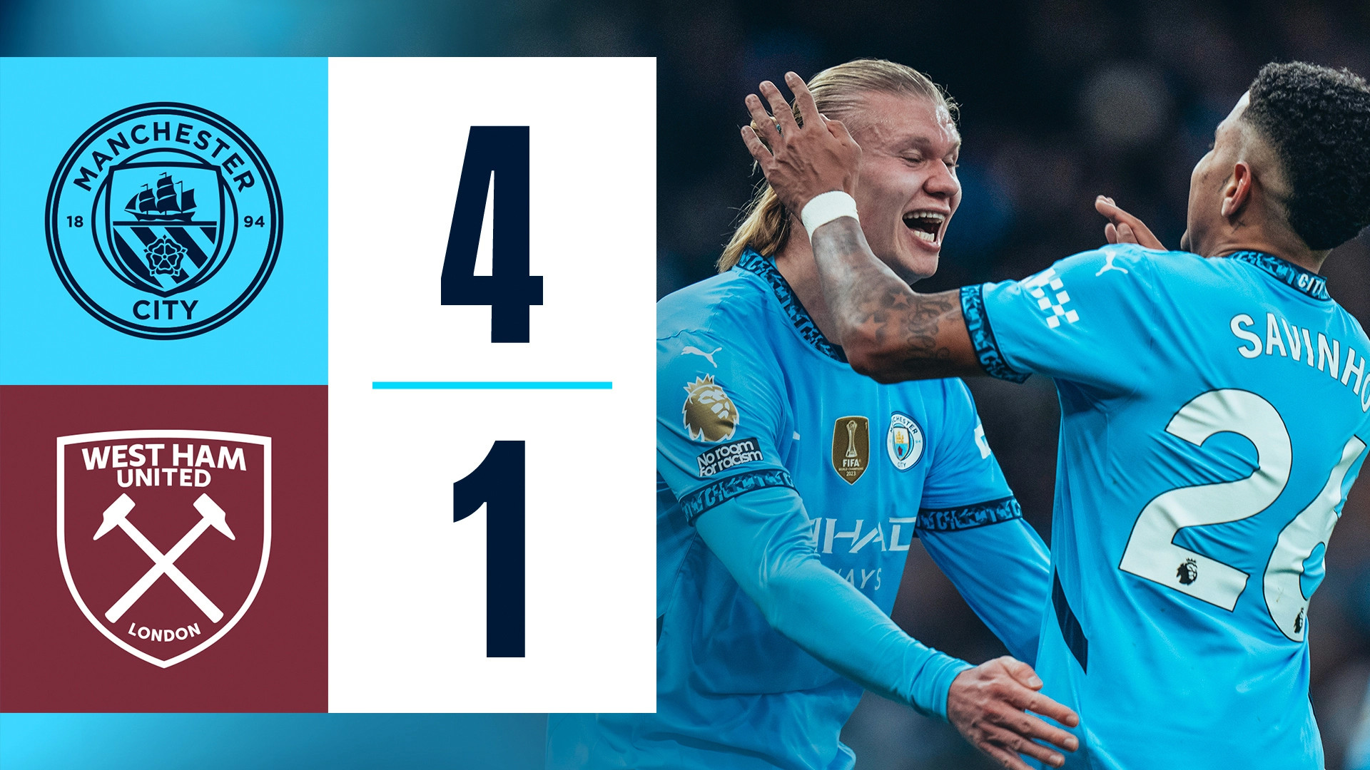 Manchester City 4-1 West Ham United | Savinho khiến đối thủ đá phản lưới nhà và đóng góp 2 kiến tạo, Haaland lập cú đúp