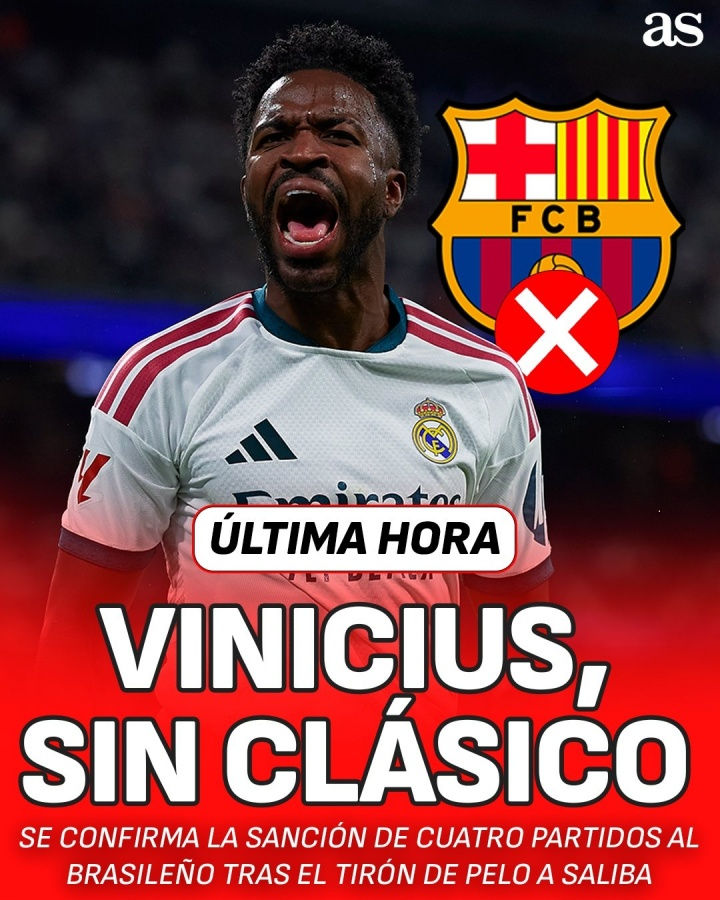 Vinicius bị treo giò 4 trận, lỡ hẹn El Clásico