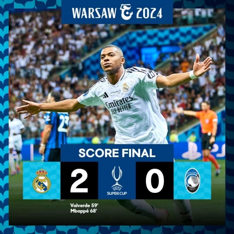 เอ็มบัปเป้ประเดิมสนามด้วยประตู! เรอัล มาดริด เอาชนะ อตาลันตา 2-0 คว้าแชมป์ซูเปอร์คัพยุโรป!