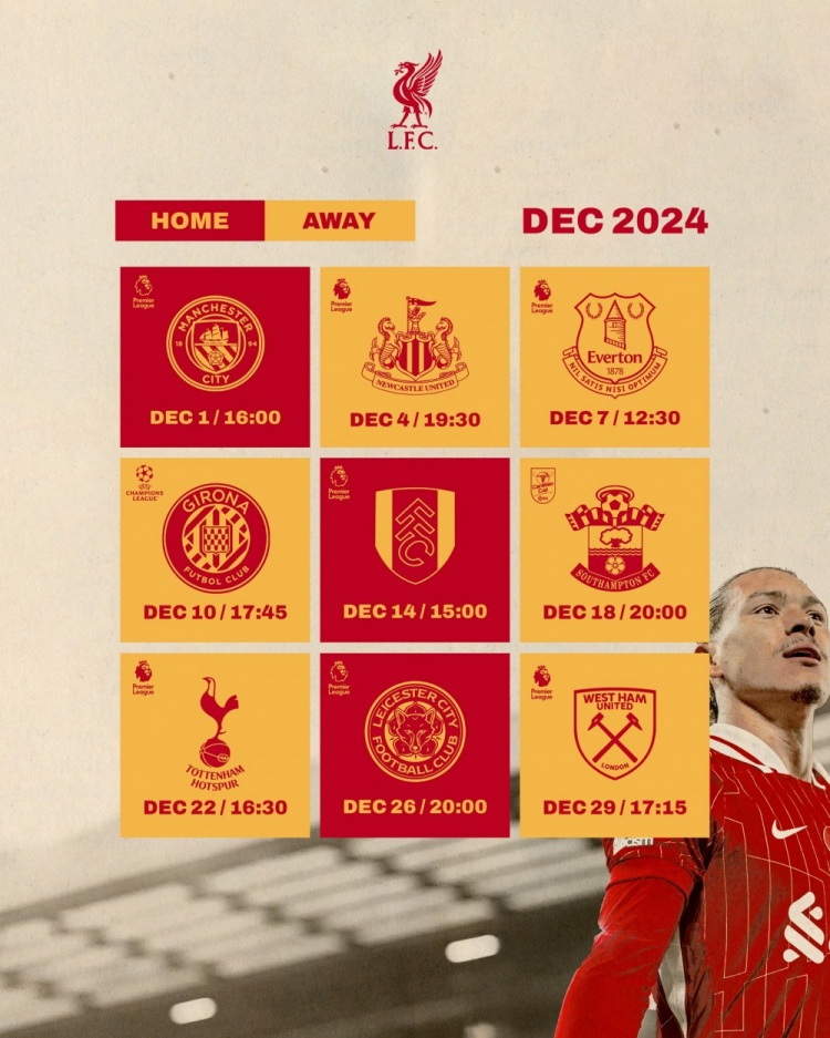 Lịch chính thức tháng 12 của Liverpool có 9 trận