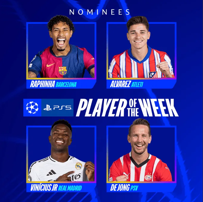 Champions League Player of the Week nominees for the seventh round include: Alvarez, Rafinha, and Vinicius