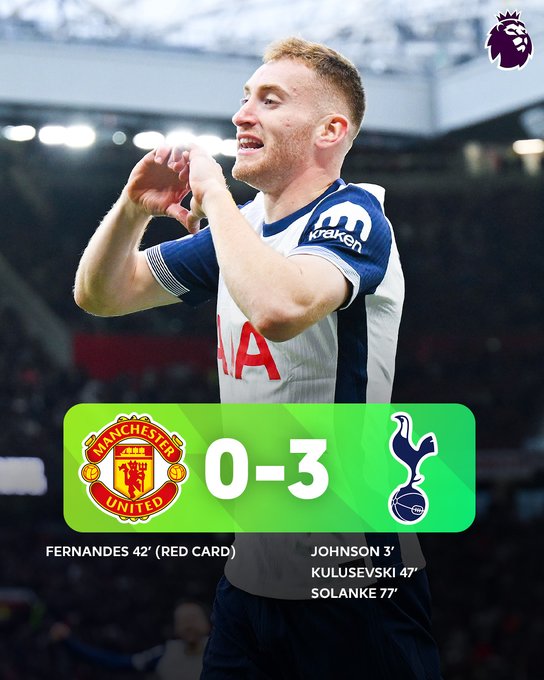 Kết quả Ngoại Hạng Anh: Manchester United 0-3 thua Tottenham Hotspur trên sân nhà