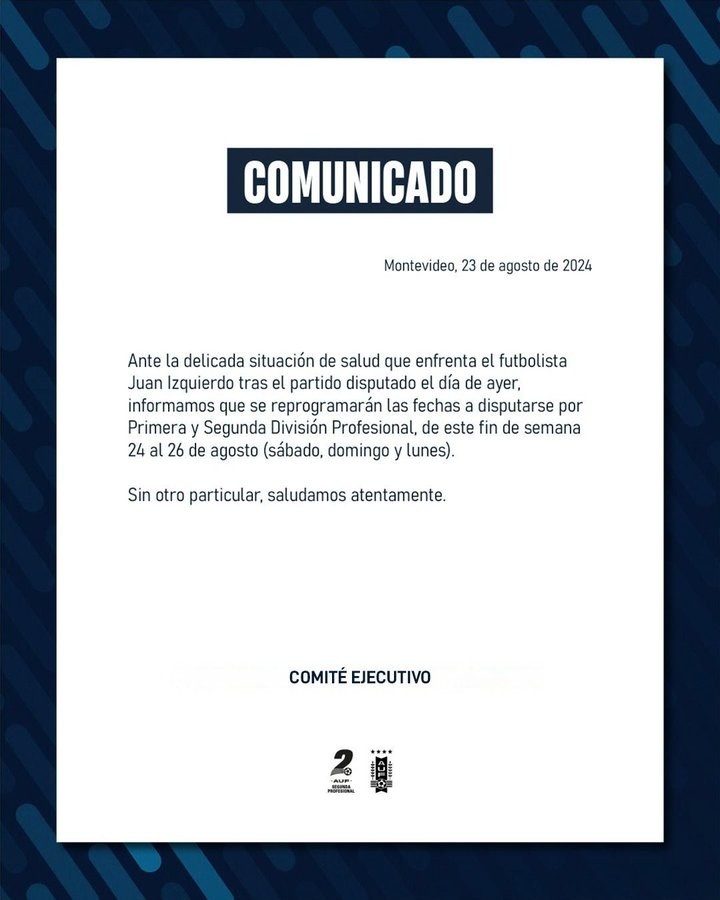 Giải Serie A và B của Uruguay bị đình chỉ vào cuối tuần này sau khi một cầu thủ phải nhập viện do rối loạn nhịp tim đột ngột.