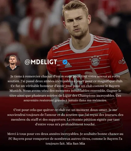 De Ligt gửi tin nhắn chia tay Bayern: Cảm ơn vì 2 năm tuyệt vời này và chúc Bayern gặp nhiều may mắn
