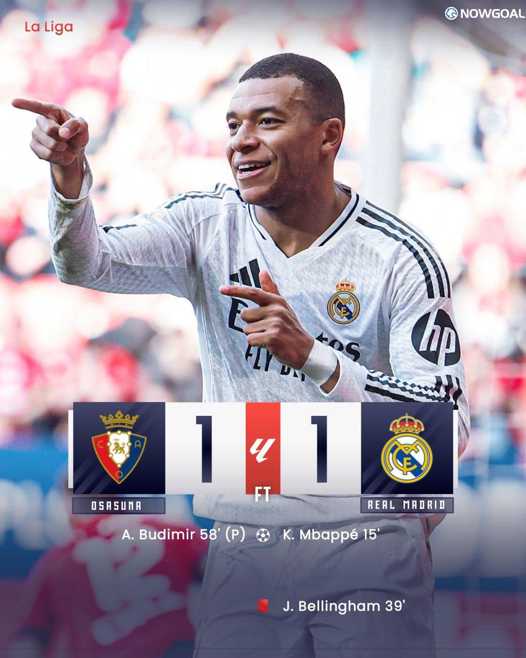 Osasuna 1-1 Ten-Man Real Madrid: Mbappe Scores, Bellingham Get Red