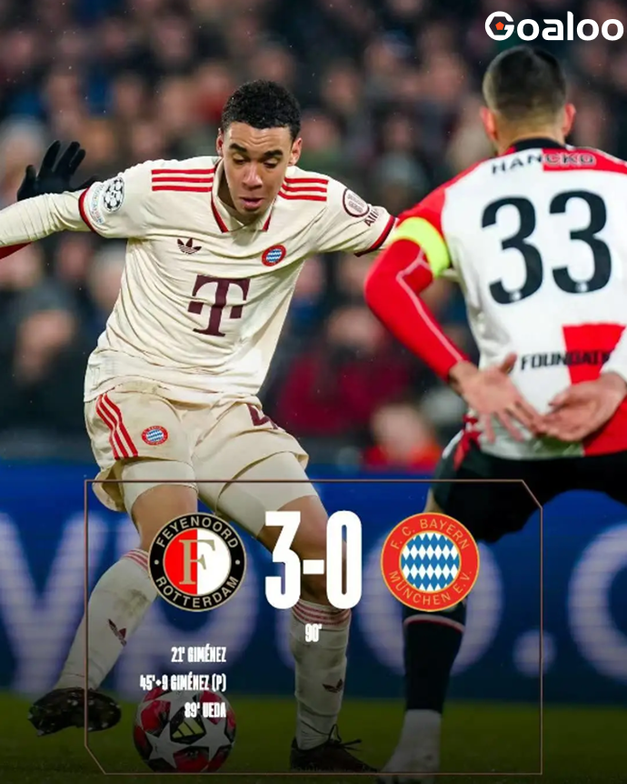 Feyenoord 3-0 Bayern Munich match statistics: Shots: 8 - 30; Shots on target: 3 - 6; Corners: 1 - 13