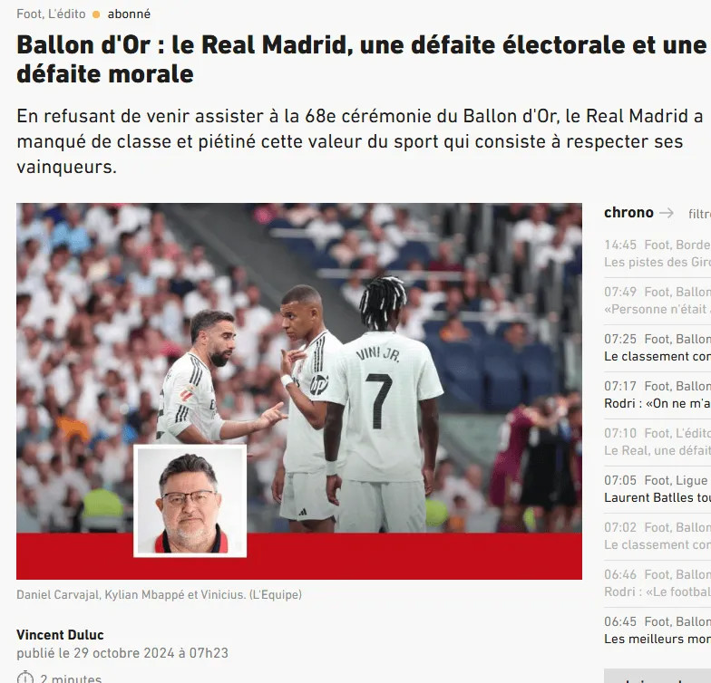 Tổng biên tập L'Équipe: Real Madrid là thất bại trên phiếu bầu và thất bại về mặt đạo đức