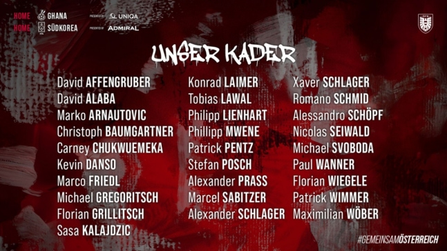 '한국 평가전 상대' 오스트리아 명단 발표, 알라바·단소 등 유럽 빅리거 주축