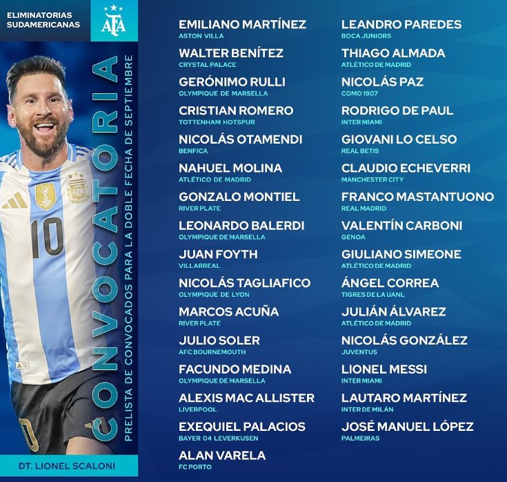 리오넬 메시, 9월 북중미월드컵 남미예선 명단에 포함