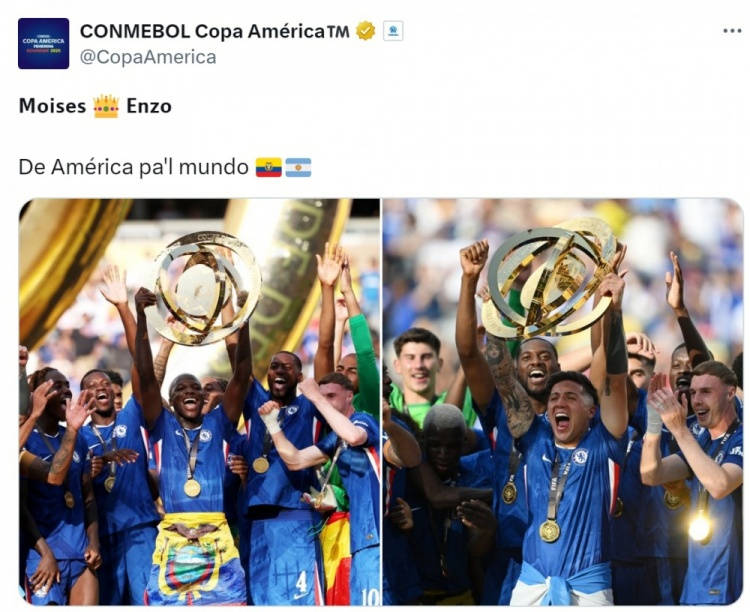 Liên đoàn bóng đá Nam Mỹ chúc mừng Enzo và Caicedo vô địch Club World Cup