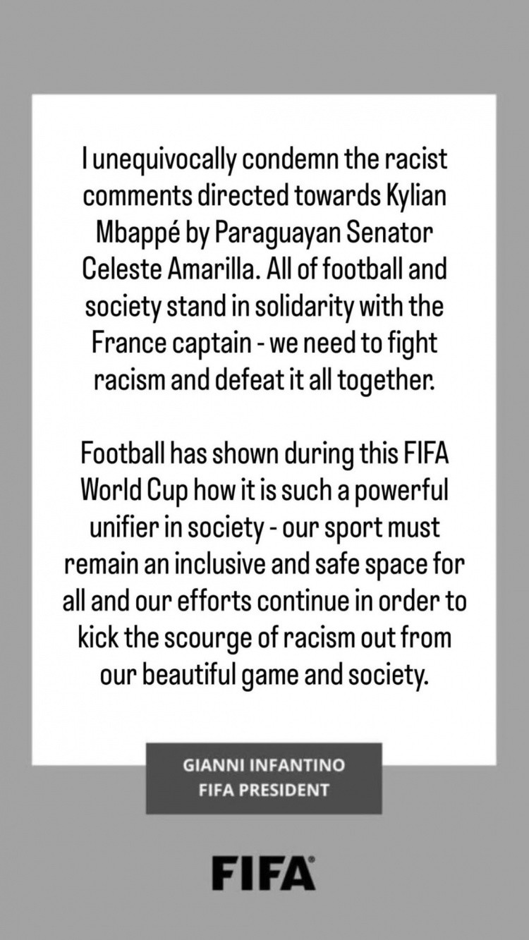 Chủ tịch FIFA Infantino ra tuyên bố lên án những phát ngôn mang tính phân biệt chủng tộc của một nghị sĩ Paraguay nhằm vào Mbappe