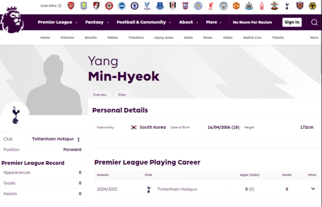 ‘이젠 진짜 프리미어리거’ 양민혁, EPL 공식 홈페이지 프로필 등록! 토트넘 데뷔전은 언제쯤 치를까?