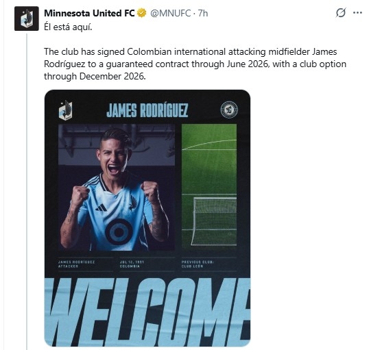 '월드컵 득점왕' 로드리게스, MLS 미네소타와 단기 계약