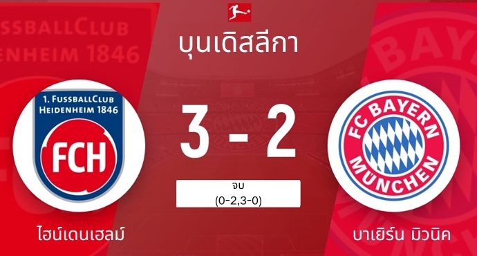 บาเยิร์น 2-3 ไฮเดนไฮม์ ตามหลังจ่าฝูงถึง 16 แต้ม!