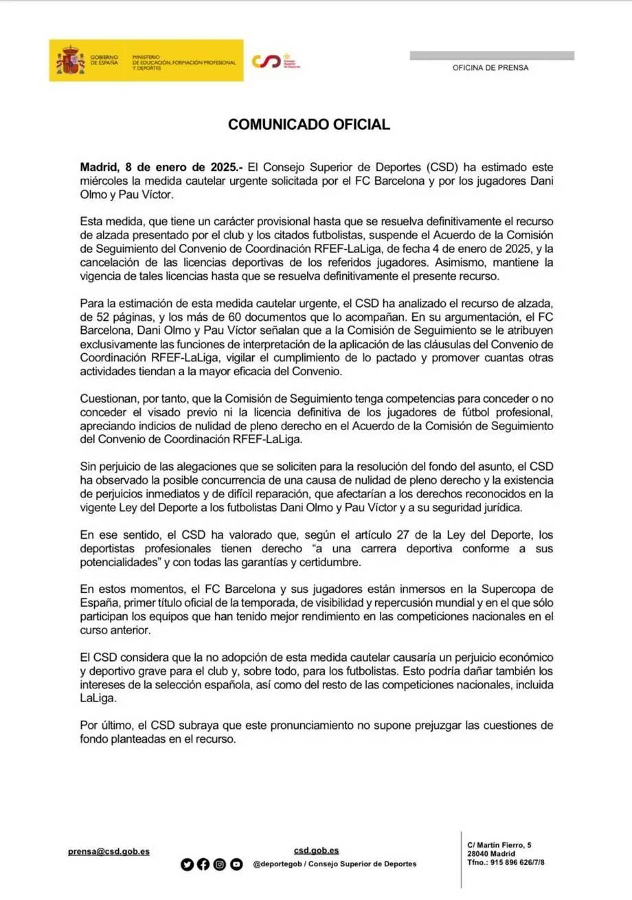 Barcelona được chính phủ phê duyệt lệnh tạm hoãn, cho phép đăng ký Dani Olmo và Pau Víctor tạm thời