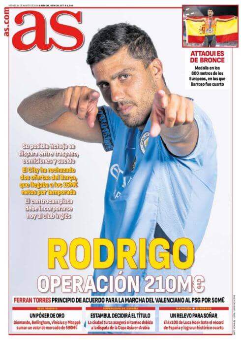 Trang nhất AS: Tổng chi phí vụ Rodri sang Barcelona có thể lên tới 210 triệu euro!