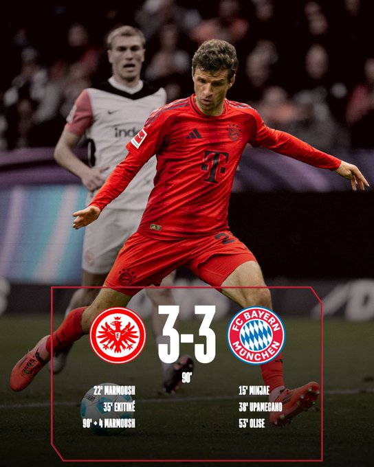 Kết quả VĐQG Đức: Eintracht Frankfurt 3-3 Bayern Munich