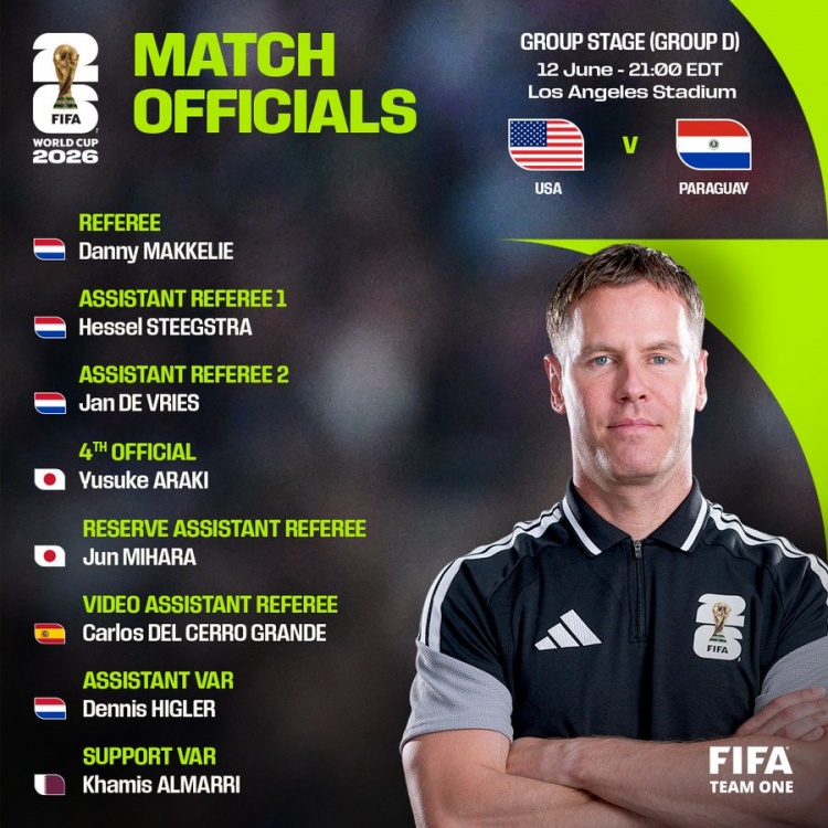 Trọng tài điều khiển trận vòng bảng B World Cup Mỹ vs Paraguay: Trọng tài chính Mark Leigh, trọng tài VAR Grande.