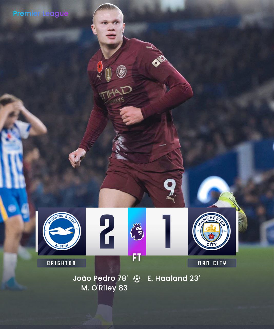FT:Brighton Hove Albion 2-1 Manchester City