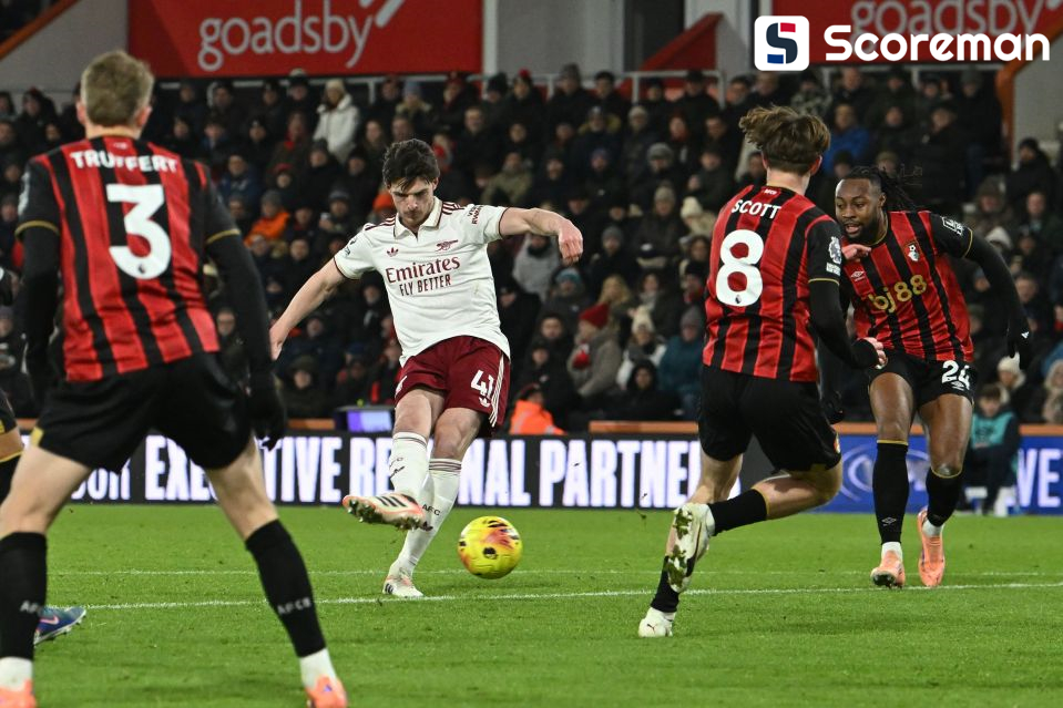 '라이스 2골' EPL 선두 아스널, 본머스 3-2 제압… 5연승 질주