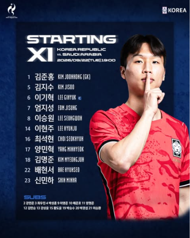 8강 조기 확정’ 이민성호, 사우디전 라인업 공개...양민혁·이현주 선발