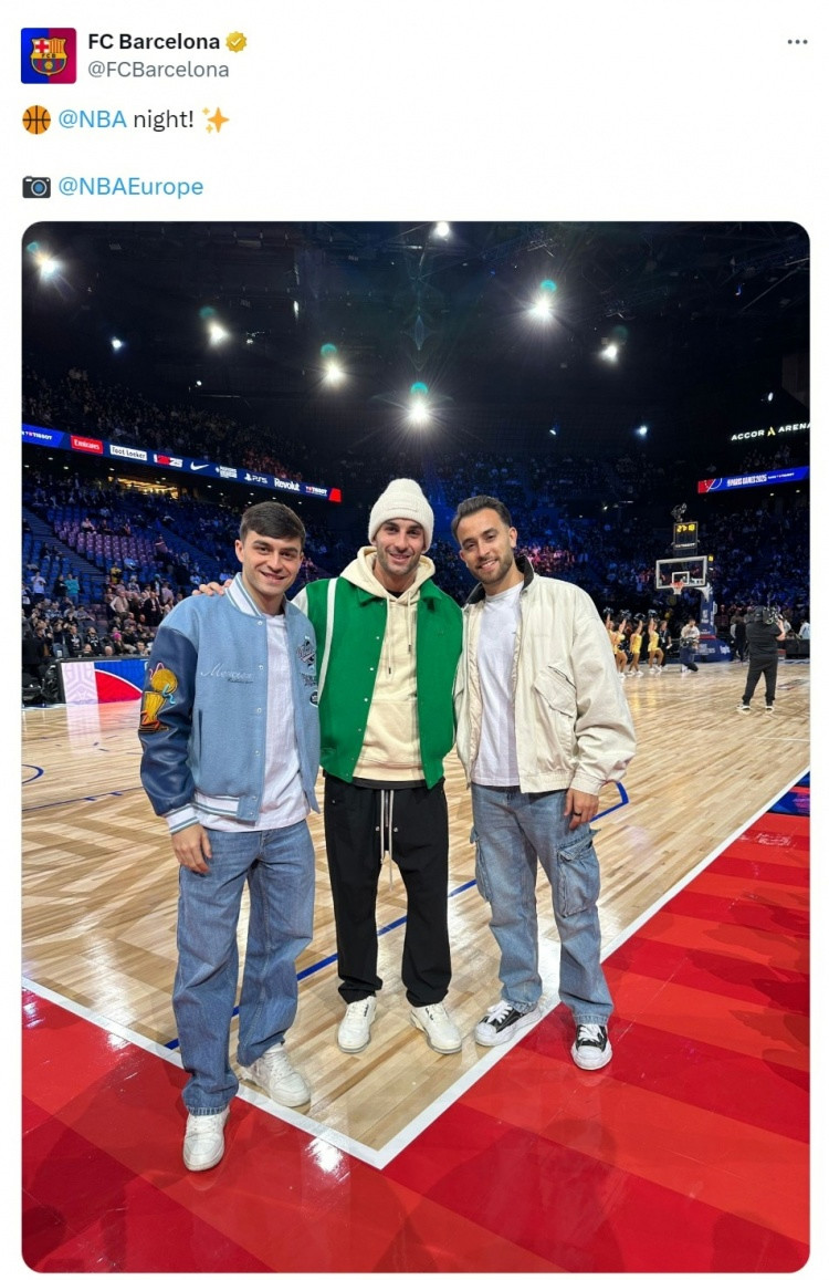 ​Xem trận NBA tại Pháp, Barcelona đăng ảnh chụp chung của Ferran, Pedri và Garcia