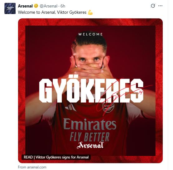 아스널, '스포르팅 97골 폭격기' 요케레스 영입...5년 계약