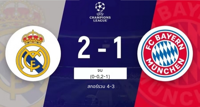 เรอัลมาดริดพลิกนรกกลับมาชนะบาเยิร์นมิวนิค 4-3 ผ่านเข้าสู่รอบชิงชนะเลิศยูฟ่าแชมเปียนส์ลีก