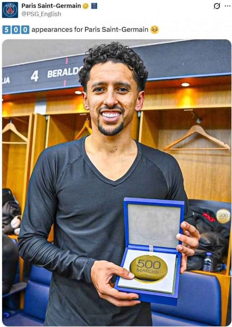 Marquinhos chạm mốc 500 trận cho PSG, nhận uy chương kỷ niệm sau trận