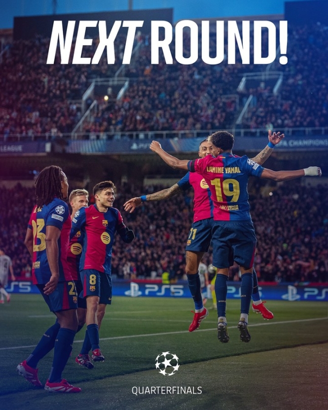 바르셀로나, 벤피카 꺾고 UCL 8강 진출...'하피냐 2골 1도움'