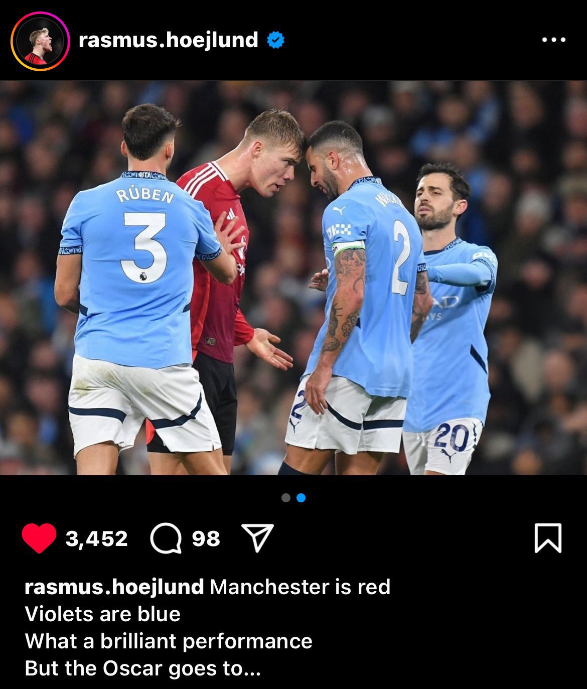 Rasmus Højlund Mocks Kyle Walker After Heated Manchester Derby