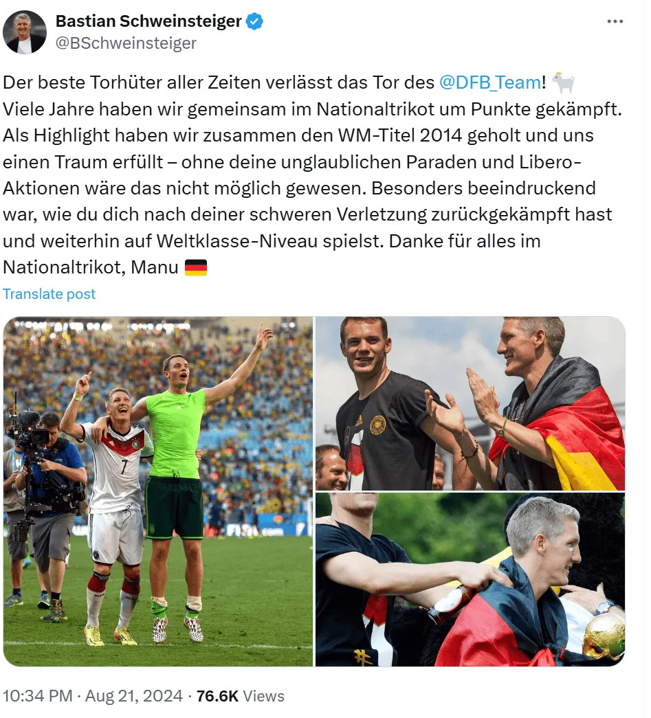 Schweinsteiger: Nếu không có những cứu thua của Neuer, Đức đã không vô địch World Cup 2014