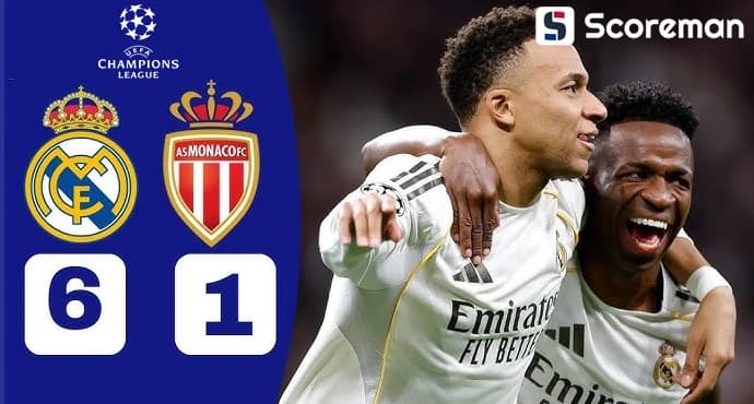 ‘음바페 2골, 비니시우스 1골·2도움’ 레알, AS모나코에 6-1 대승