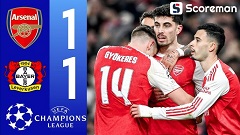 하베르츠 PK 동점골 아스날, 레버쿠젠 원정서 1-1 무승부...승부는 2차전으로