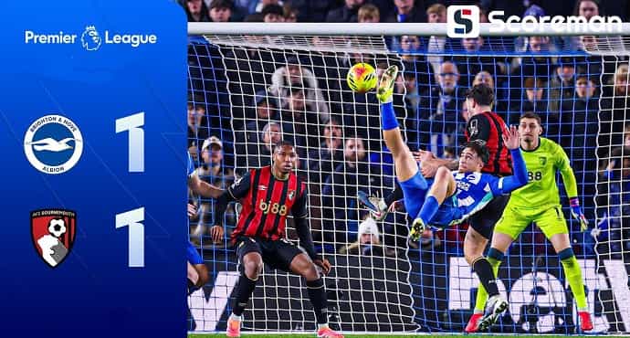 브라이튼, 본머스와 1-1 무승부…5G 무패 행진