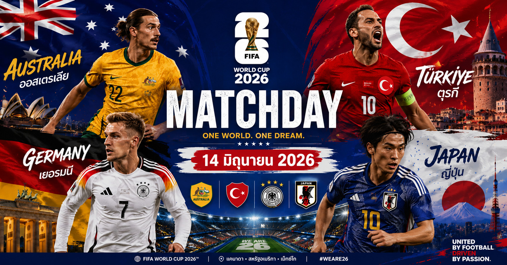 โปสเตอร์ FIFA World Cup 2026 Matchday วันที่ 14 มิถุนายน 2026 รวมทีมชาติออสเตรเลีย ตุรกี เยอรมนี และญี่ปุ่น พร้อมโปรแกรมการแข่งขันและบรรยากาศฟุตบอลโลก