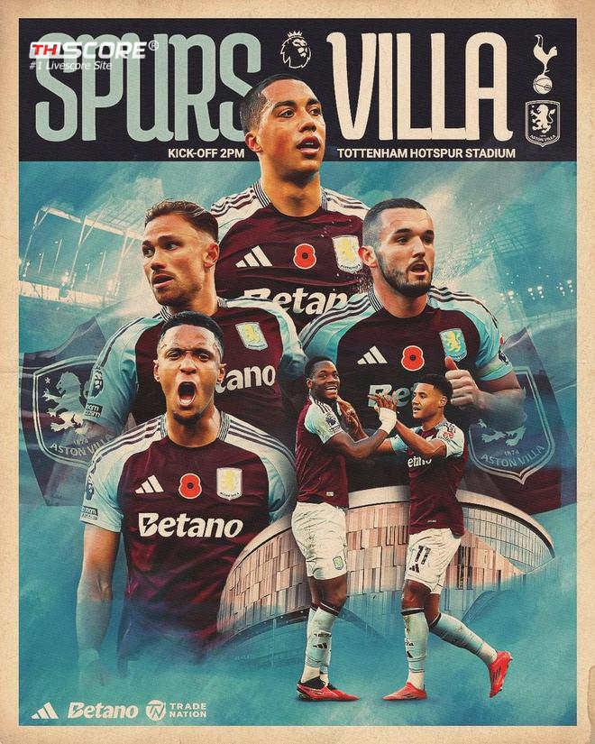 โปสเตอร์โปรโมตเกมเยือนของแอสตัน วิลล่า ที่จะพบกับท็อตแน่ม ฮ็อทสเปอร์: ติเลอมันส์, ดุราน, วัตกินส์ และอีก 3 คนร่วมเฟรม