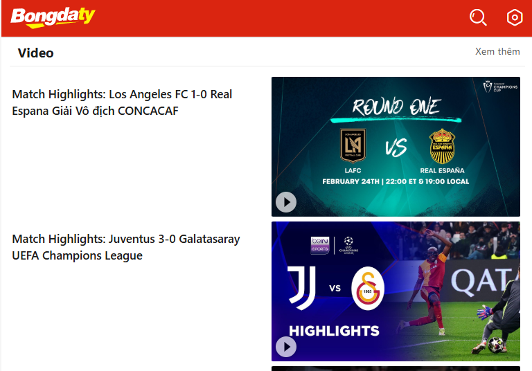 Video highlight các trận đấu trên Bongdaty