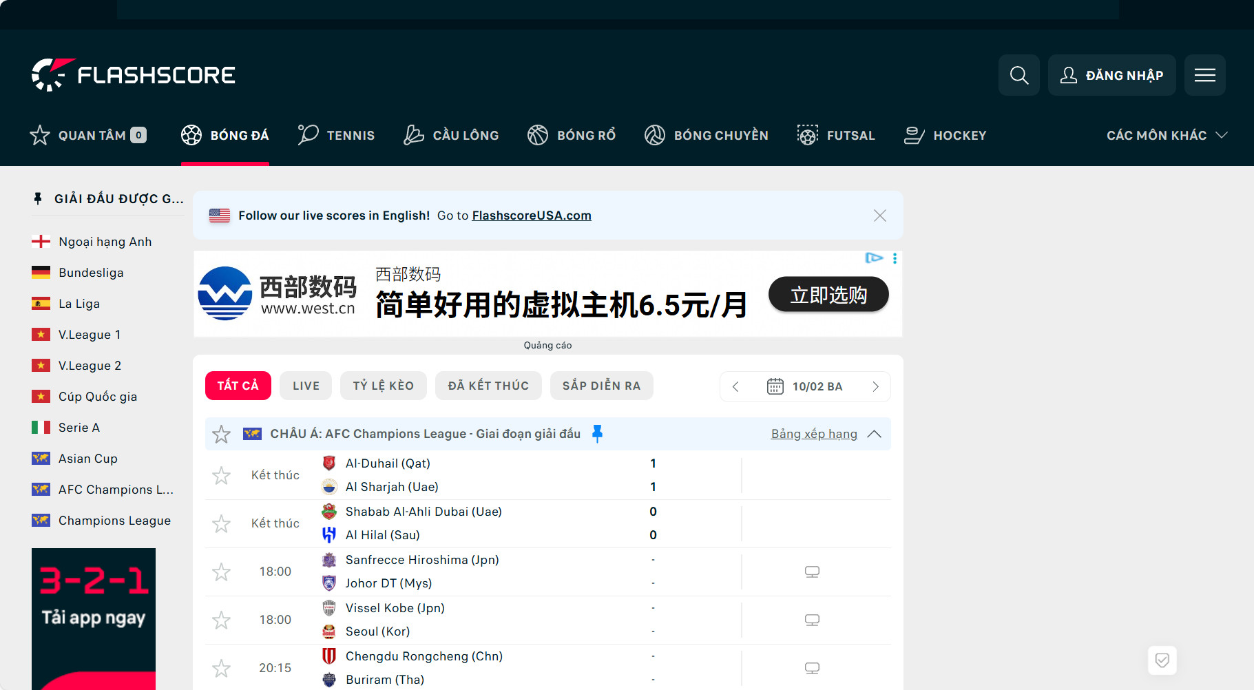 Flashscore giao diện livescore cập nhật tỷ số bóng đá hôm nay