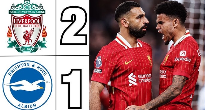 ขึ้นนำแล้ว! ลิเวอร์พูล ชนะ ไบรท์ตัน 2-1 ขึ้นไปอยู่อันดับหนึ่ง