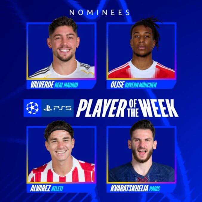 Cầu thủ xuất sắc nhất tuần của Champions League: Valverde, Olise, Alvarez, K77