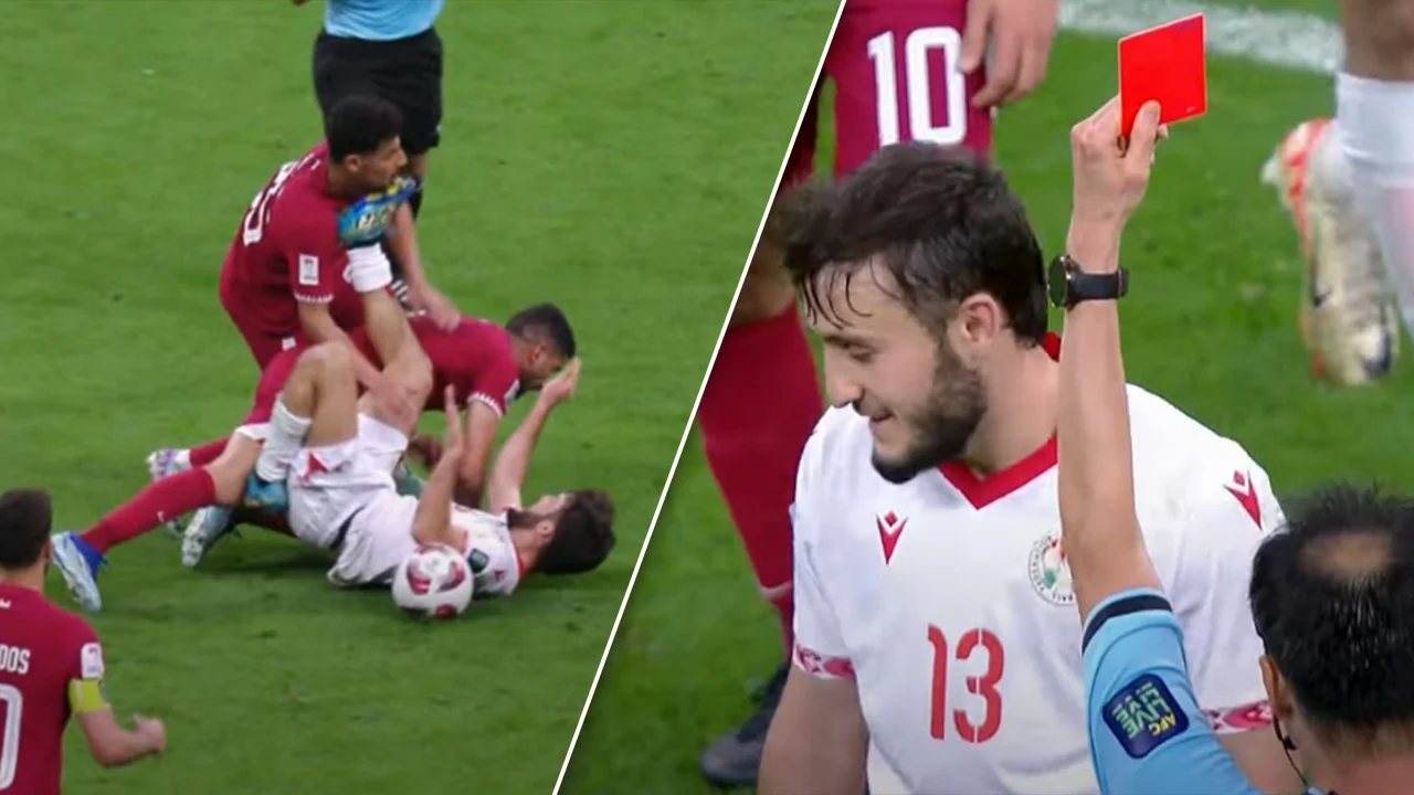 ชมจังหวะใบแดงแรก “เอเชียน คัพ” แข้ง “ทาจิกิสถาน” เล่นนอกเกมถีบหน้าแข้ง “กาตาร์”